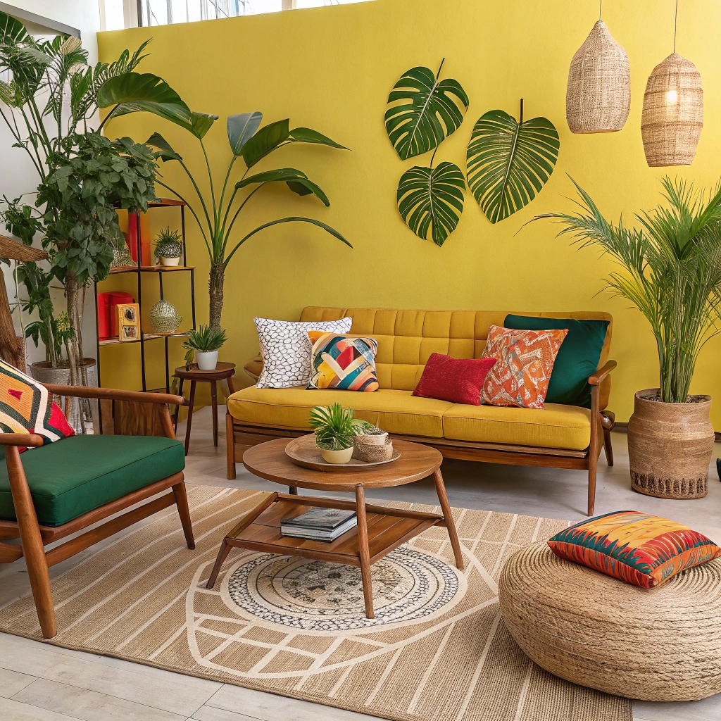 vibrant brazilian style living room with tropical 2 Очарование Бразильского Стиля: Взрыв Цвета и Энергии в Вашем Доме!