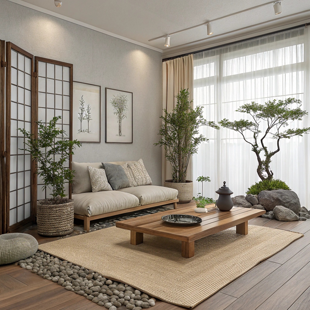 serene zen living room with natural elements 1 Выбор мебели в стиле дзен: создание спокойного интерьера