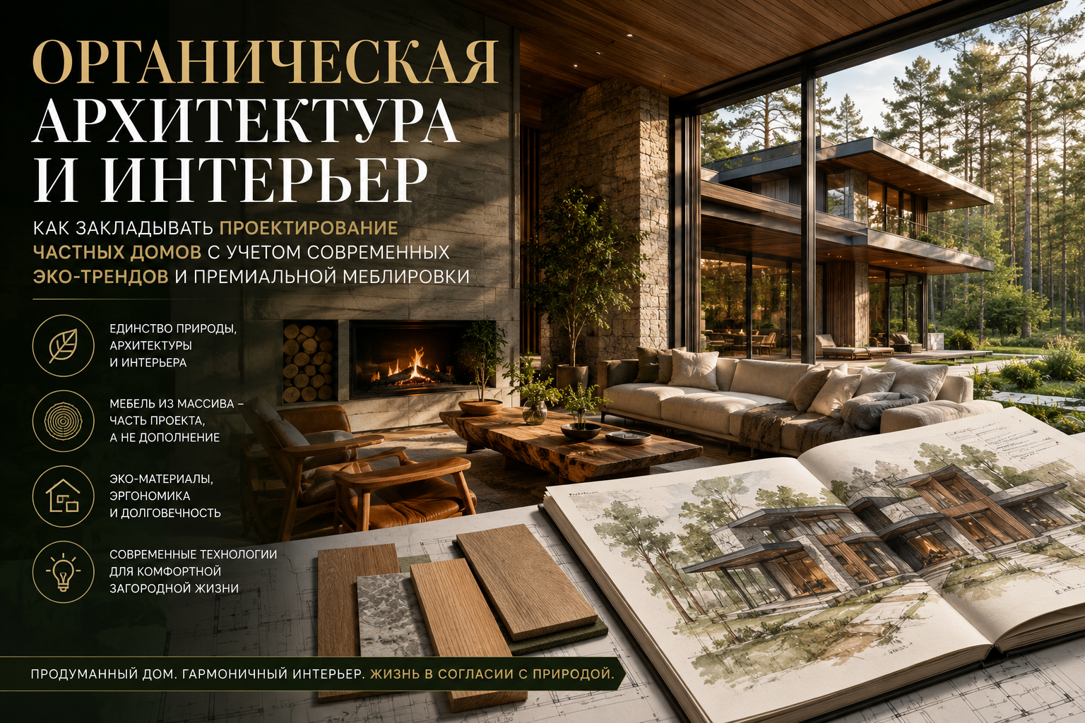 Современное проектирование частных домов в Москве и интерьер гостиной в стиле эко